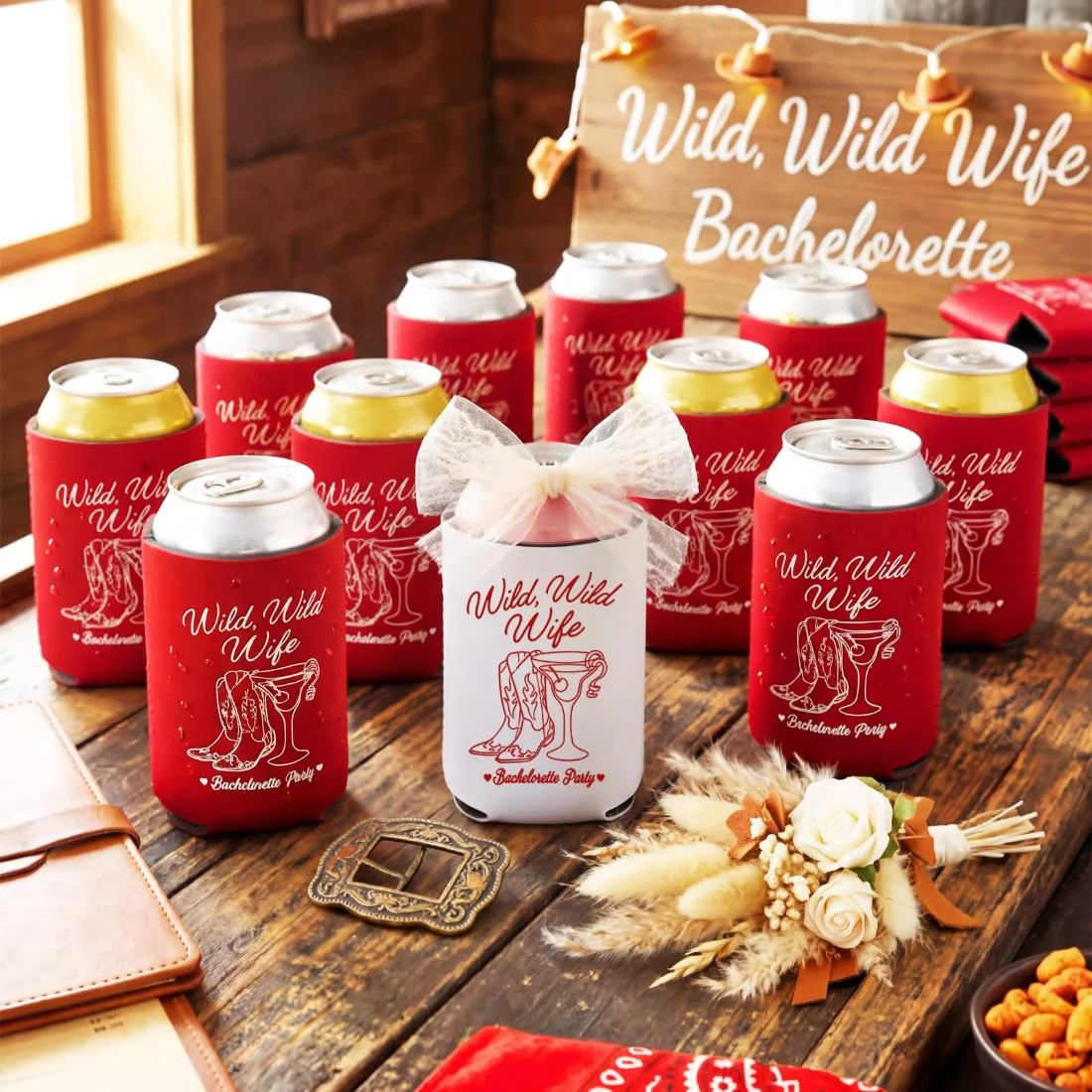 CHENGU Western bachelorette can coolers, Wild wild wife, White, Wine Red, 3.5" x 4.3", view 2