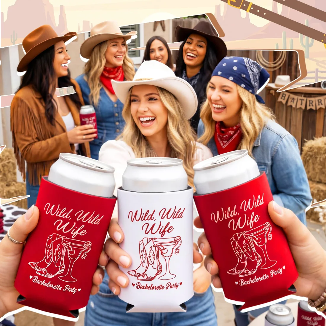 CHENGU Western bachelorette can coolers, Wild wild wife, White, Wine Red, 3.5" x 4.3", view 3