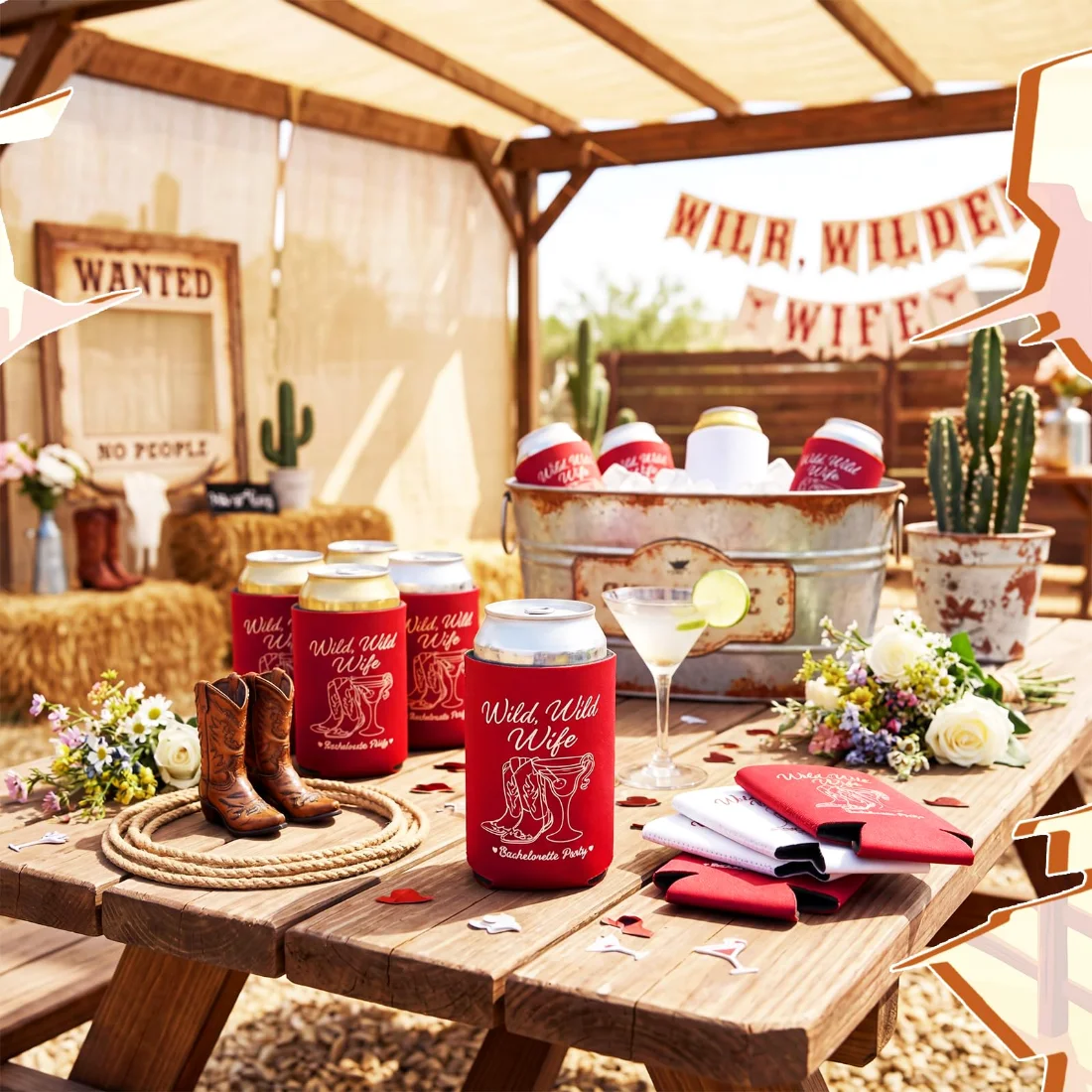 CHENGU Western bachelorette can coolers, Wild wild wife, White, Wine Red, 3.5" x 4.3", view 4